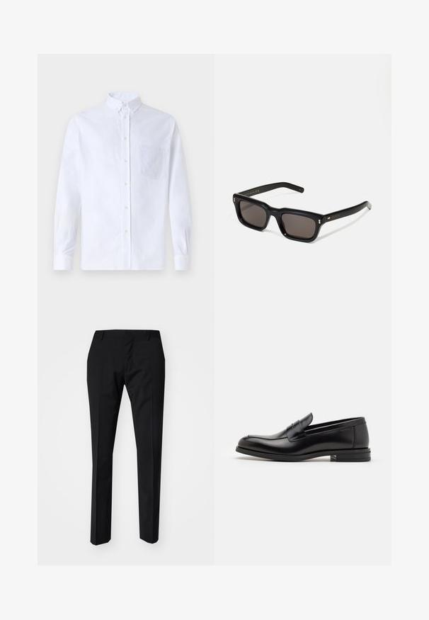 White long-sleeve button-up shirt made of cotton, featuring a chest pocket with tonal embroidery, a collar, and button cuffs.; Black trousers with a slim fit, featuring a flat front, belt loops, and no visible pockets. Smooth texture and clean lines.; Black leather loafers with a smooth texture, rounded toe, and a decorative strap across the vamp. Low stacked heel, minimalist design.; Black rectangular sunglasses with dark lenses, thick plastic frame, gold accents on temples, and brand logo engraved on the arm.