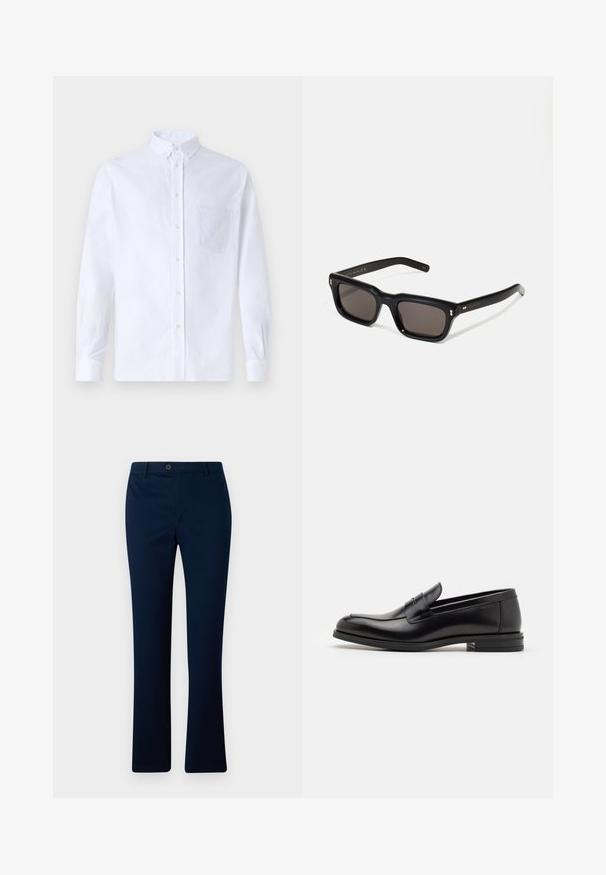 Witte lange mouwen overhemd van katoen, met een borstzak met tonale borduring, een kraag en knopenmanchetten.; Navyblauwe broek met een rechte pasvorm, voorzien van een enkele knoopsluiting aan de voorkant en riemlussen, gemaakt van een glad geweven stof.; Zwarte leren instappers met een gladde textuur, ronde neus en een decoratieve band over de wreef. Lage, gestapelde hak en minimalistisch ontwerp.; Zwarte rechthoekige zonnebril met donkere lenzen, een dik plastic montuur, gouden accenten op de veren en het merkembleem gegraveerd op de arm.