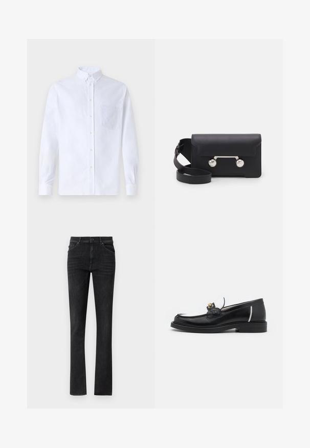 White long-sleeve button-up shirt made of cotton, featuring a chest pocket with tonal embroidery, a collar, and button cuffs.; Black denim jeans with a straight leg cut, featuring front pockets and a button closure. Smooth texture with subtle fading.; Black leather loafer with a rounded toe, white accents, and gold hardware on the vamp. Features a textured patch and stacked heel.; Black leather crossbody bag with a flap closure, silver-tone hardware, and two round accents. Features a detachable strap. Smooth texture.