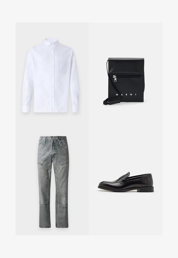 Fehér, hosszú ujjú, gombos ing pamutból, mellzsebbel, tónusos hímzéssel, gallérral és gombos mandzsettával.; Szürke farmernadrág, egyenes szabással, elülső zsebekkel, látható varrással és elhalványult felülettel. Anyaga sima tapintású.; Fekete bőr loaferek sima textúrával, kerek orral és dekoratív pánttal a vampnál. Alacsony, rétegelt sarkú, minimalista dizájn.; Fekete bőr keresztpántos táska cipzáras elülső zsebbel, dombornyomott logóval és állítható pánttal. Simább textúra, amelynek strukturált alakja van.