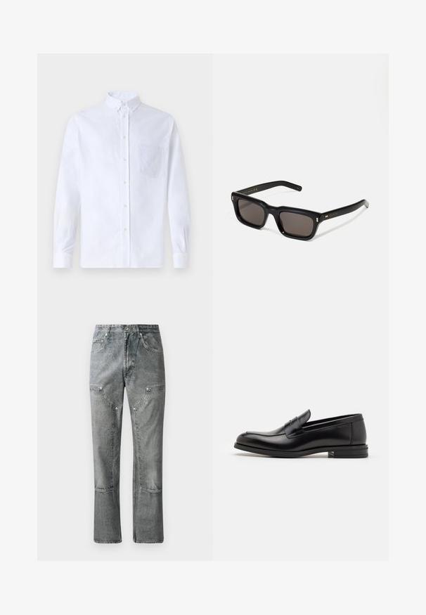 Chemise blanche à manches longues avec boutons en coton, présentant une poche poitrine avec broderie ton sur ton, un col et des poignets boutonnés.; Jean en denim gris à coupe droite, avec poches avant, coutures visibles et finition décolorée. Le matériau a une texture lisse.; Mocassins en cuir noir avec une texture lisse, bout rond et une sangle décorative sur le dessus. Talon bas empilé, design minimaliste.; Lunettes de soleil noires rectangulaires avec des verres foncés, monture en plastique épais, accents dorés sur les branches et logo de la marque gravé sur le bras.
