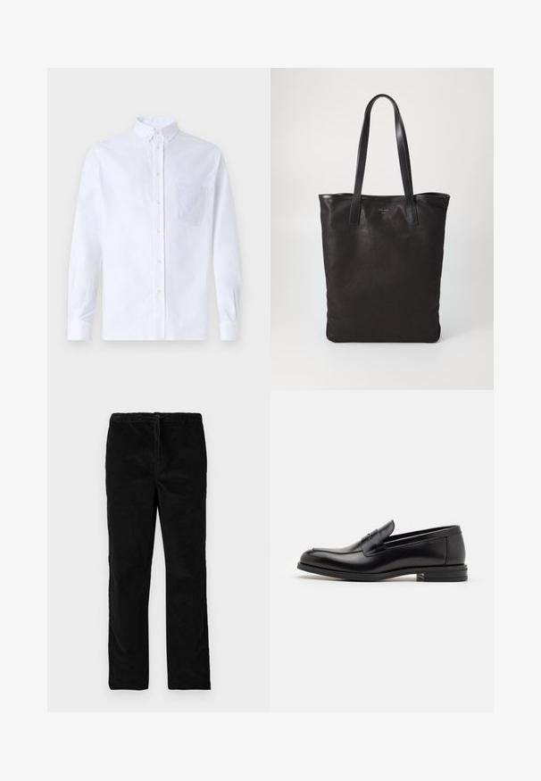 Weißes Langarm-Hemd mit Knöpfen aus Baumwolle, ausgestattet mit einer Brusttasche mit tonalem Stickerei, einem Kragen und Knopfmanschetten.; Schwarze gerade geschnittene Samthose mit elastischem Bund und vorderem Kordelzug, vor einem schlichten weißen Hintergrund präsentiert.; Schwarze Lederloafers mit glatter Textur, rundem Zehenbereich und einem dekorativen Riemen über dem Vorderfuß. Niedriger, gestapelter Absatz, minimalistisches Design.; Schwarze Stofftote mit schwarzen Ledergriffen. Einfaches Design, geräumiger Körper und glatte Textur. Keine sichtbaren Logos oder Muster.