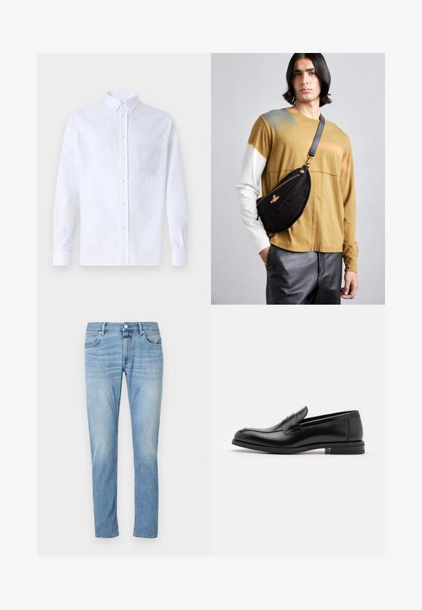 Bijela košulja s dugim rukavima na dugme, izrađena od pamuka, s džepom na prsima s ton-sur-ton vezom, ovratnikom i dugmadi na manžetama.; Svijetloplave traperice s ravnim nogavicama, pet džepova i vidljivim šavovima. Tkanina izgleda mekano s izblijedjelim finišem.; Crni kožni mokasini s glatkom teksturom, zaobljenim prstima i ukrasnom trakom preko prednjeg dijela. Niski slojeviti potplat, minimalistički dizajn.; Vivienne Westwood CITY BUMBAG UNISEX - Pojasna torbica - black