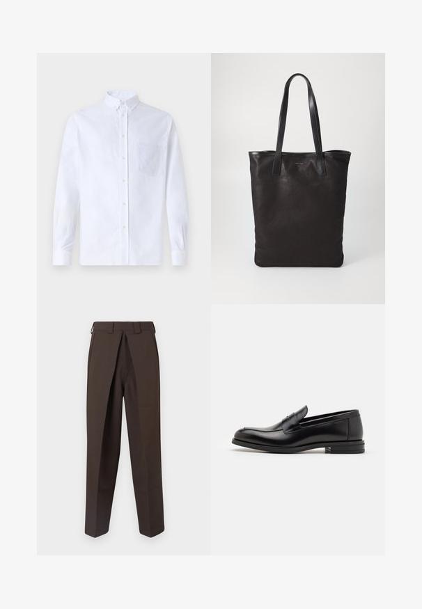 Chemise blanche à manches longues avec boutons en coton, présentant une poche poitrine avec broderie ton sur ton, un col et des poignets boutonnés.; BLUEMARBLE WORK PANT - Pantalon classique - brown; Mocassins en cuir noir avec une texture lisse, bout rond et une sangle décorative sur le dessus. Talon bas empilé, design minimaliste.; Sac fourre-tout en toile noire avec des poignées en cuir noir. Design simple, corps spacieux et texture lisse. Pas de logos ou motifs visibles.