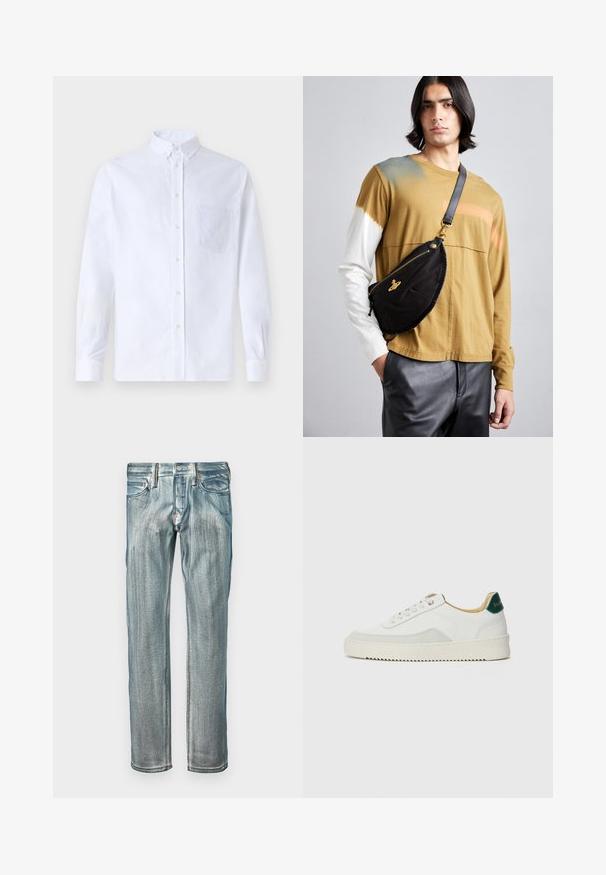 Bijela košulja s dugim rukavima na dugme, izrađena od pamuka, s džepom na prsima s ton-sur-ton vezom, ovratnikom i dugmadi na manžetama.; Plave traperice s ravnim nogavicama, s izblijedjelim završetkom, pet džepova i bakrenim detaljima na pojasu.; Bijele tenisice s akcentima od antilopa, zaobljenim vrhom, ravnim vezicama i krem gumenim potplatom. Imaju zelenu oznaku na peti.; Vivienne Westwood CITY BUMBAG UNISEX - Pojasna torbica - black