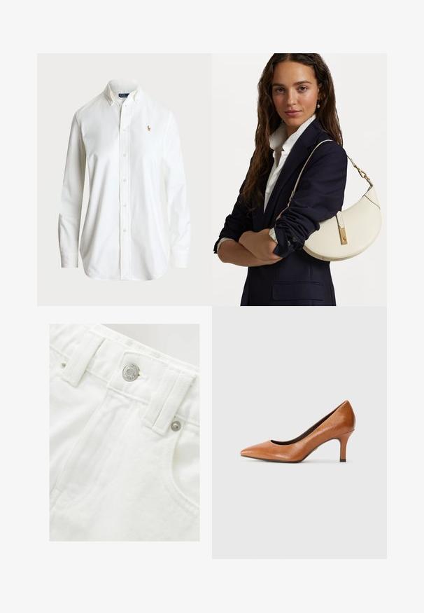 Bela srajca na gumb s klasičnim ovratnikom, dolgimi rokavi in diskretno vezenim logotipom na prsih. Narejena iz kakovostne bombažne tkanine.; Bele jeans kratke hlače z oblikovanim pasom, s srebrnim gumbom in strukturirano tkanino. Vsebujejo sprednje žepe in urejen šiv.; Tamaris Klasične pete - cognac; Bela usnjena torbica s ukrivljeno obliko, z zlatimi dodatki in teksturirano površino, nošena čez temen blazer in belo srajco.