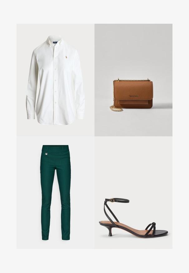 Biała koszula zapinana na guziki z klasycznym kołnierzykiem, długimi rękawami i subtelnym haftowanym logo na piersi. Wykonana z wysokiej jakości bawełny.; Daily Sports - Spodnie materiałowe; Polo Ralph Lauren - Czółenka; Brązowa skórzana torba na ramię z teksturą, z złotym łańcuszkiem i zapięciem na klapkę. Z przodu znajduje się detal z logo oraz kieszeń pod klapką.