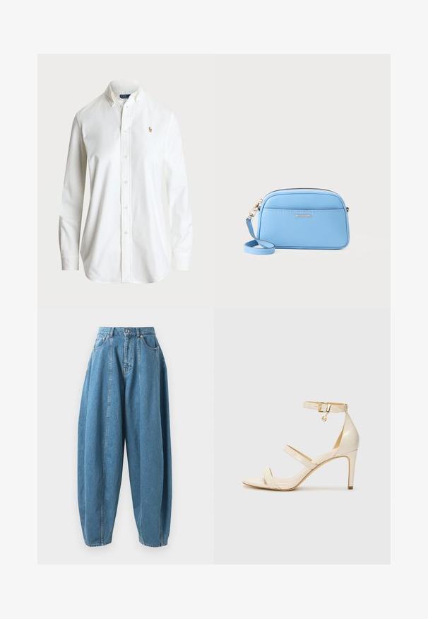 Bela srajca na gumb s klasičnim ovratnikom, dolgimi rokavi in diskretno vezenim logotipom na prsih. Narejena iz kakovostne bombažne tkanine.; Visoko pasovane, ohlapne modre kavbojke z gubami, sprednjimi žepi, zankami za pas in zaklepanjem na gumb in zadrgo.; Bež čevlji na visoki peti s tankim trakcem okrog gležnja in dvema zgornjima trakoma. Sijajna lakirana površina in zlat detajl na trakcu okrog gležnja.; Svetlo modra usnjena torba čez ramo z zlatimi dodatki, zadrgo in sprednjo žepko. Ima nastavljiv trak za udobje.