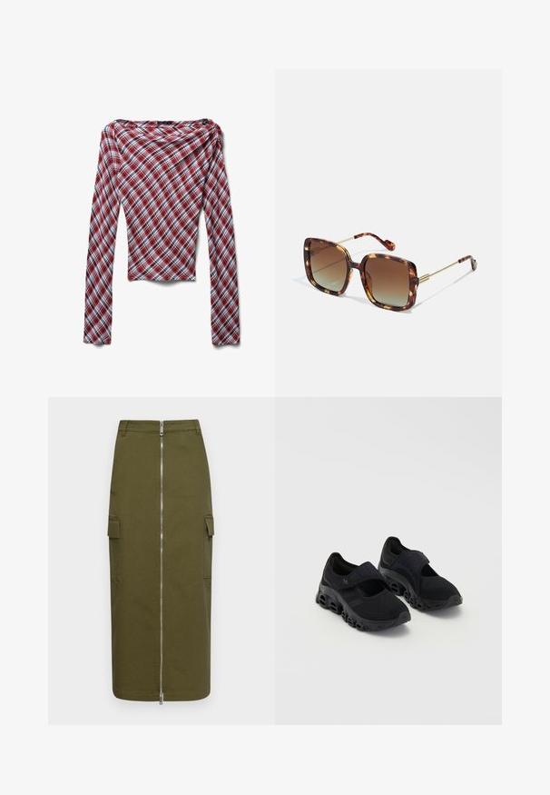 Rot-, weiß- und schwarz-karierter Langarm-Oberteil mit weitem Ausschnitt und figurnaher Silhouette, präsentiert vor einem weißen Hintergrund.; Olivenfarbener Cargo-Rock aus Baumwollmischung, mit einem zentralen Reißverschluss und zwei seitlichen Taschen für zusätzlichen Nutzen.; Schwarze Sportschuhe mit Mesh-Obermaterial, sicherem Riemen über dem Mittelfuß, dicke Sohle mit abgerundeten Ausschnitten und strukturierten Details an den Seiten.; Braune Schildpatt-Sonnenbrille mit quadratischer Form, abgedunkelten Gläsern und goldenen Metalldetails an den Schläfen und Bügeln. Texturierte Oberfläche.; Desigual Handtasche - brown