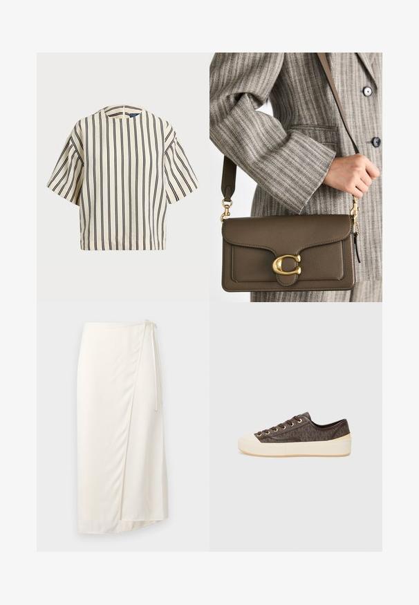 Kreminės ir tamsiai mėlynos juostelės trumpų rankovių marškinėliai, turi apvalų iškirpimą ir dėžutės tipo dizainą, pagaminti iš tekstūruotos medžiagos.; Kremo spalvos sijonas, pagamintas iš lygaus audinio, su šoniniu raiščiu ir kelių ilgio hemu, turinčiu subtilų priekį, kad būtų lengviau judėti.; Rudi raštuoti kanvos sportbačiai su auksiniais akių skylutėmis, raištelių uždarymu ir balta guma toe kapas ir padas. Su tekstūruota apdaila.; COACH TABBY SHOULDER BAG 26 - Rankinė - dark stone