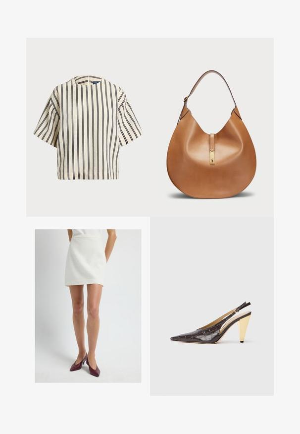 Lyhythihainen, raidallinen paita kirkas- ja tummansinisen sävyissä, jossa on pyöreä pääntie ja laatikkomainen muotoilu tekstuuritetussa kankaassa.; Valkoinen, teksturoitu mini-hame suoran leikkauksen kanssa, jossa on korkea vyötärö. Yhdistetty burgundin punaisiin kärkitossuihin.; Kärppäotsa slingback-korkokengät tummanruskeasta kiiltävästä keinonahasta, joka imitoi krokotiilin ihoa. Malleissa on kultasävyinen geometrinen korko ja säädettävä nilkkaremmi.; Tan nahkalaukku, jossa on kaareva muoto ja leveä olkahihna. Keskellä on kultainen metallikoriste ja pinta on sileä.