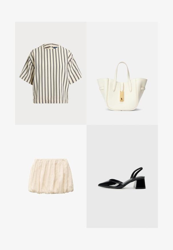 Top a maniche corte a righe in crema e blu navy, con scollatura rotonda e design squadrato, realizzato in un tessuto texturizzato.; Gonna corta avorio realizzata in tessuto leggero e testurizzato, con design arricciato e cintura elastica. Casual e versatile per diverse combinazioni di outfit.; Décolleté in vernice nera con punta affusolata e tacco in geometria cubica. Presentano un design elegante e minimalista, con una texture liscia.; Borsa tote in pelle bianca con forma strutturata, cuciture evidenti, etichetta in metallo dorato e manici doppi. Superficie testurizzata con tasche laterali.