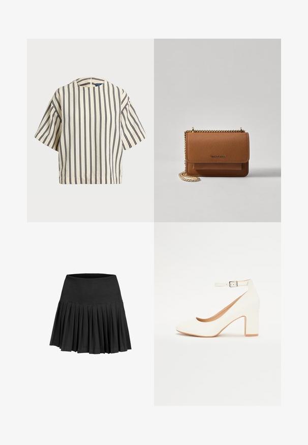 Korte mouwen, gestreepte top in crème en marineblauw, met een ronde halslijn en een boxy ontwerp van een textuurstof.; Zwarte geplisseerde rok met een ribbelband. Gemaakt van zachte stof, heeft het een A-lijn silhouet met constante plooien rondom de zoom.; Witte hoge hak schoen met een puntige neus, blokhak en enkelbandje. Glamoureuze afwerking met een subtiele glans en een beige binnenvoering.; Bruine lederen schoudertas met textuur, voorzien van een gouden kettingstrap en klepsluiting. De voorkant heeft een logo-detail en een zak onder de klep.