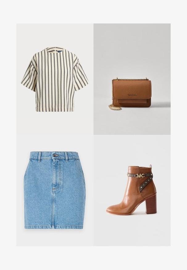 T-skjorte med korte ermer, stripet i kremfarge og marineblå, med rund hals og en boxy design i en strukturert stoff.; Dongeriskjørt i lys blå, med en tettsittende design, fem lommer og kontrastsøm. Materialet har en teksturert overflate.; Brune lær ankle boot med stablet blokhæl, sidestraps med guldnitter og en guld "MK" logo spænde.; Brun teksturert lær crossover-veske med gullkjede-stropp og klaffelukking. Fronten har logo-detalj og en lomme under klaffen.