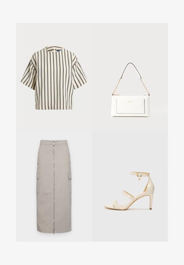 Top a maniche corte a righe in crema e blu navy, con scollatura rotonda e design squadrato, realizzato in un tessuto texturizzato.; Gonna grigia a lunghezza ginocchio realizzata in cotone con cerniera frontale e due tasche laterali, caratterizzata da un taglio dritto e linee pulite.; Sandali con tacco alto beige, dotati di una sottile cinghia alla caviglia e due cinturini superiori. Finitura lucida in vernice e dettaglio in hardware dorato sulla cinghia alla caviglia.; Borsa a tracolla bianca in pelle con un finish testurizzato, dotata di una tracolla in catena dorata e accenti neri. Include una tasca frontale e una chiusura con zip.