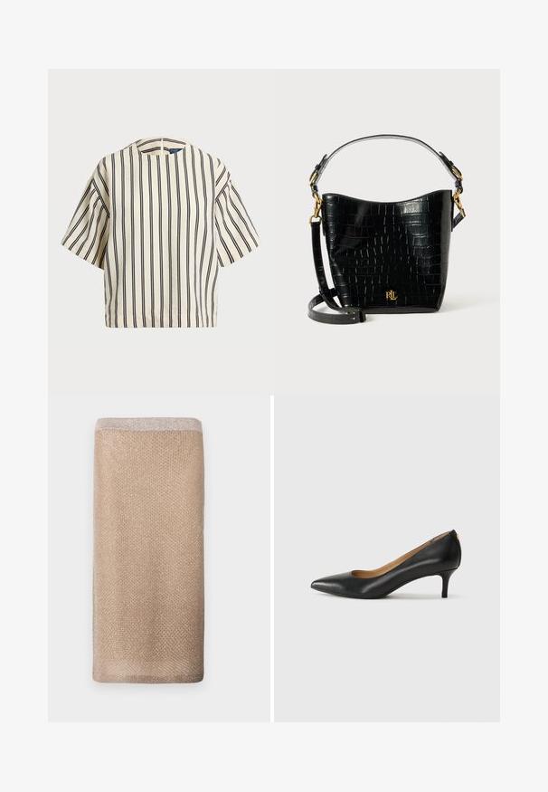 Kurzärmliges, gestreiftes Oberteil in Creme und Marineblau, mit rundem Halsausschnitt und kastiger Form aus strukturiertem Stoff.; Beige gestrickter Schal mit dezentem Glanz, strukturierter Oberfläche und einem helleren Saum am oberen Rand. Rechteckige Form.; Schwarzer Lederpumps mit spitzem Zehenbereich, niedrigem Absatz und glatter Textur. Verfügt über eine leichte Öffnung an der Vorderseite und minimale Beschläge an der Rückseite.; Schwarze, krokodilgeprägte Lederhandtasche mit geschwungener Form, goldfarbenen Hardware-Akzenten, einem verstellbaren Riemen und einem Logodetail auf der Vorderseite.