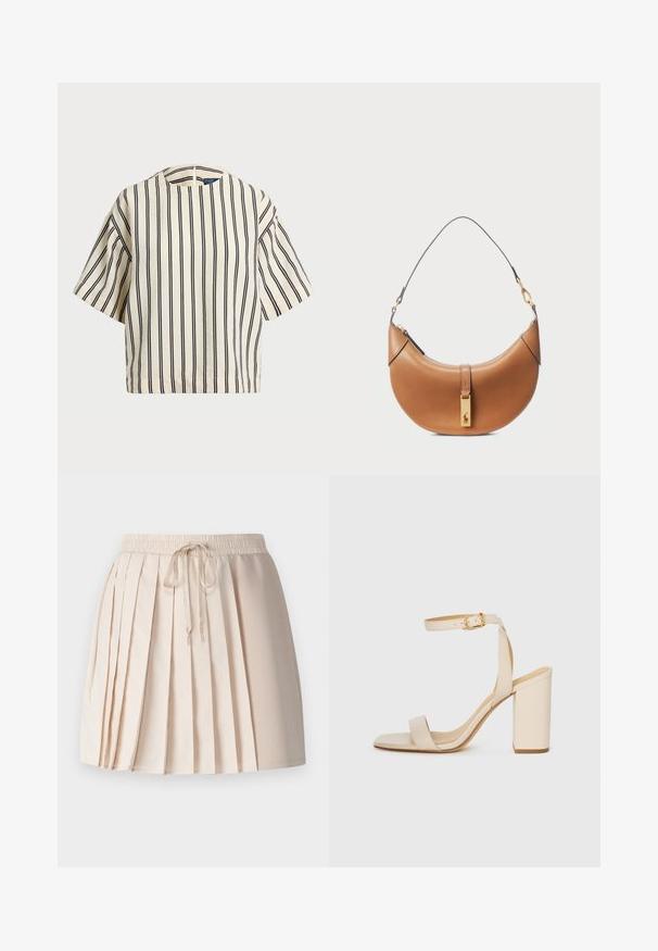 Korte mouwen, gestreepte top in crème en marineblauw, met een ronde halslijn en een boxy ontwerp van een textuurstof.; Plissé rok in lichtbeige, vervaardigd uit zachte stof. Beschikt over een elastische tailleband met een trekkoord en verticale plooien voor textuur.; Beige hoge hakken sandaal met een vierkante neus, dunne enkelband en blokhak. Gladde leren textuur met een gouden sluiting.; Tan leren handtas met een gebogen vorm, gouden hardware en een dunne schouderriem. Beschikt over een ritsluiting en logo-detail aan de voorkant.