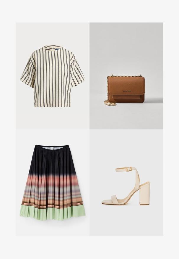 T-shirt à manches courtes, rayé crème et marine, présentant un col rond et un design boxy avec un tissu texturé.; Jupe plissée noire avec un dégradé ombragé passant d'orange à vert menthe à l'ourlet, dotée d'accents rayés colorés.; Sandale à talon haut beige avec un bout carré, une fine bride de cheville et un talon carré. Texture en cuir lisse avec un détail de boucle dorée.; Sac en cuir texturé marron en bandoulière avec une sangle en chaîne dorée et une fermeture à rabat. L'avant présente un détail de logo et une poche sous le rabat.