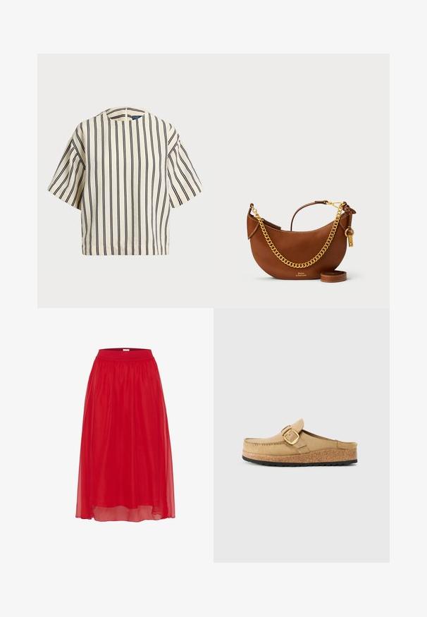 Rövid ujjú, csíkos felső krém és tengerészkék színben, kerek nyakkivágással és dobozos fazonnal, texturált anyagból.; Piros, könnyű chiffon szoknya rugalmas derékkal, sodródó dizájnnal és térdhosszú szegéllyel. Sima textúrájú, áttetsző megjelenésű.; Beige klumpacipők széles pánttal és arany csattal, puha anyagból készült, parafa középtalppal és texturált fekete gumitalppal.; Barna bőr kézi táska íves kialakítással, arany lánc pánttal, belső zsebbel és leválasztható vállpánttal. Kontrasztos varrás jellemzi.