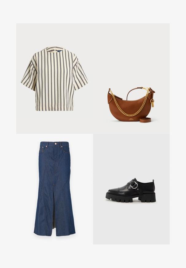 Krátký rukáv, pruhované tričko ve krémové a námořnické barvě, s kulatým výstřihem a širokým střihem z texturovaného materiálu.; Denimová sukně má vysoký pas, délku ke kolenům, kontrastní oranžové švy a přední rozparek pro snadný pohyb.; Černé kožené boty s robustní ribkovanou podešví, zdobené kruhovým stříbrným kovovým prvkem a minimálním švem.; Hnědá kožená kabelka s zakřiveným designem, zlatým řetízkem, vnitřní kapsou a odnímatelným ramenním popruhem. Obsahuje kontrastní prošívání.