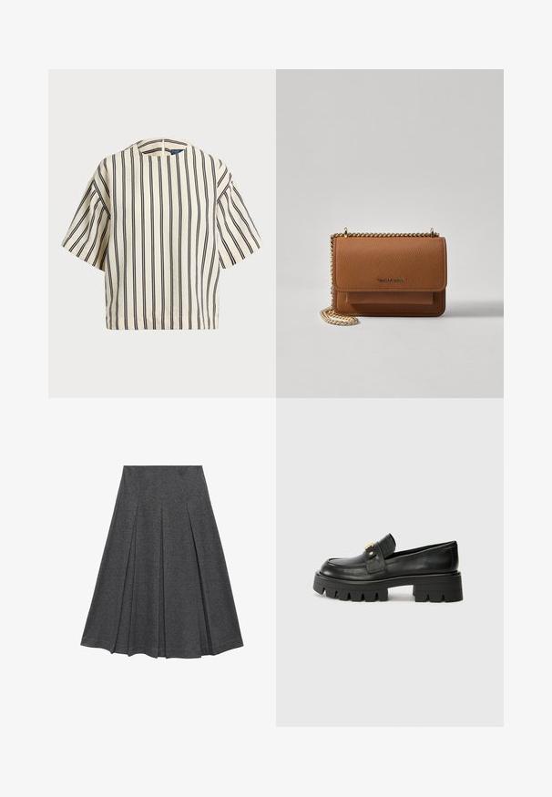 Kurzärmliges, gestreiftes Oberteil in Creme und Marineblau, mit rundem Halsausschnitt und kastiger Form aus strukturiertem Stoff.; Grauer, plissierter Rock mit ausgestellt Form, aus weichem Stoff. Verfügt über vertikale Falten und einen glatten Bund für einen figurschmeichelnden Look.; Schwarze Lederloafers mit einer klobigen Sohle, die an der Vorderseite ein goldfarbenes Akzent und eine glatte Oberfläche aufweisen. Klobiges Profil-Design auf der Sohle.; Braune strukturierte Ledertasche mit goldener Kettenriemen und Klappenverschluss. Die Vorderseite zeigt ein Logo-Detail und eine Tasche unter der Klappe.