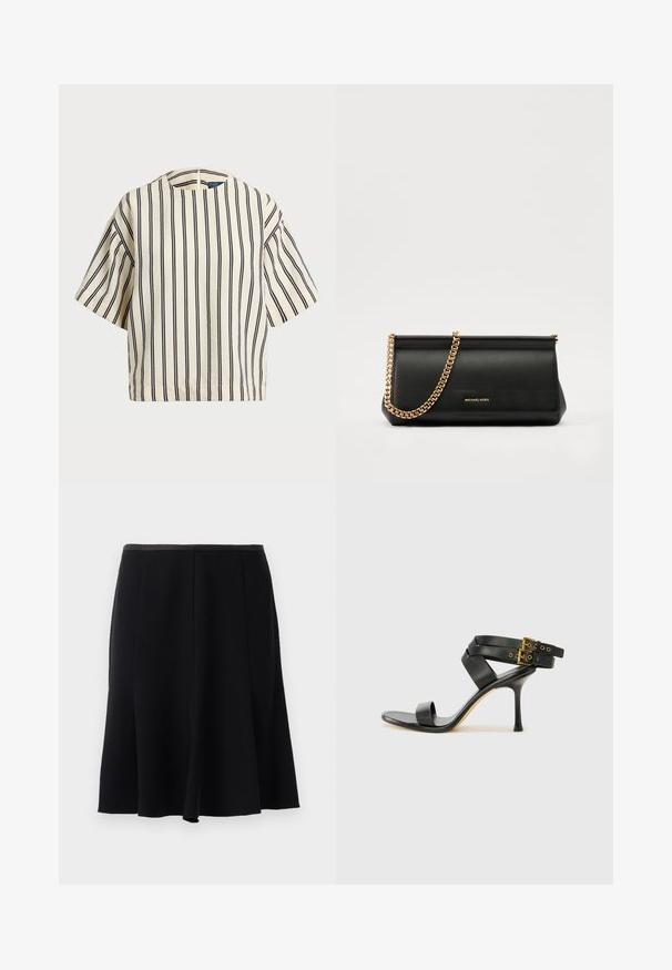 Κοντομάνικο, ριγέ τοπ σε κρέμα και ναυτικό, με στρογγυλή λαιμόκοψη και τετράγωνη γραμμή, φτιαγμένο από υφασμάτινη υφή.; Μαύρη φούστα Α-γραμμής με ομαλή υφή, με ζώνη στη μέση και πλισέ σχέδιο για ευέλικτη κίνηση. Χωρίς ορατές διακοσμήσεις ή μοτίβα.; Μαύρο τακούνι σανδάλι με διασταυρούμενες τιράντες και ρυθμιζόμενο κούμπωμα. Διαθέτει λεία υφή και κοφτό τακούνι.; Μαύρη δερμάτινη τσάντα πορτοφολιού με χρυσή αλυσίδα, που διαθέτει λεία υφή, ορθογώνιο σχήμα και ανάγλυφο λογότυπο στο μπροστινό μέρος.