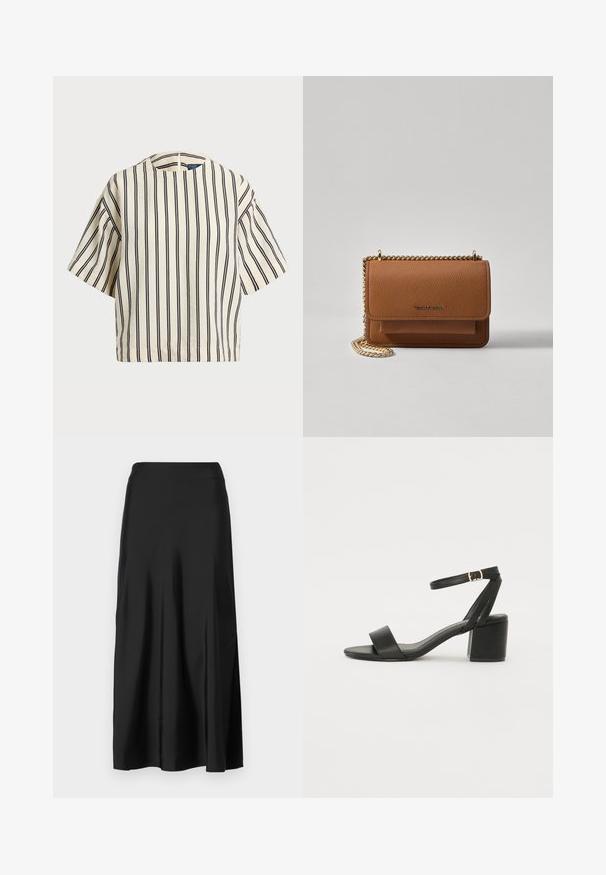 T-shirt à manches courtes, rayé crème et marine, présentant un col rond et un design boxy avec un tissu texturé.; GAP PULL ON SKIRT - Jupe longue - black; Sandale à talons noirs avec un dessus en cuir lisse, une ouverture à l'avant, de larges brides avant et une bride de cheville ajustable avec une boucle dorée.; Sac en cuir texturé marron en bandoulière avec une sangle en chaîne dorée et une fermeture à rabat. L'avant présente un détail de logo et une poche sous le rabat.
