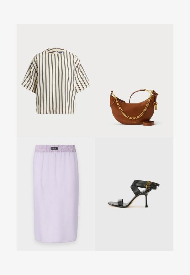 T-shirt à manches courtes, rayé crème et marine, présentant un col rond et un design boxy avec un tissu texturé.; Jupe lilas avec une taille élastique, longueur genou, texture lisse, sans motifs ni accents visibles. Logo de la marque sur la taille.; Sandale à talons noirs avec des straps croisés et une boucle ajustable. Elle présente une texture lisse et un talon aiguille effilé.; Sac à main en cuir brun avec un design courbé, une chaîne dorée, une poche intérieure et une bandoulière amovible. Présente des coutures contrastantes.
