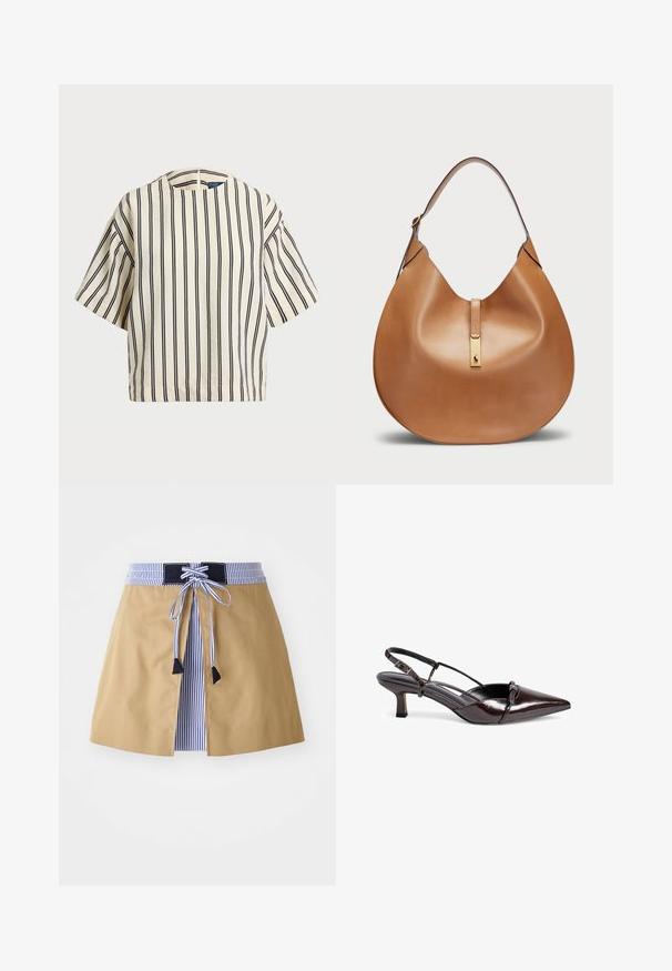 Kurzärmliges, gestreiftes Oberteil in Creme und Marineblau, mit rundem Halsausschnitt und kastiger Form aus strukturiertem Stoff.; Beige Rock mit einem blauen gestreiften Bund, ausgestattet mit einer Schnürung an der Vorderseite und schwarzen Akzenten. Glattes Material, knielang mit taillierter Passform.; Braune Lacklederslingback-Pumpe mit spitzem Zehenbereich, kleinem Blockabsatz, Kreuzriemendesign und dekorativem Schleifendetail auf der Vorderseite.; Taschenhandtasche aus braunem Leder mit geschwungener Form und breitem Schultergurt. Sie verfügt über einen goldenen Metallakzent in der Mitte und eine glatte Textur.