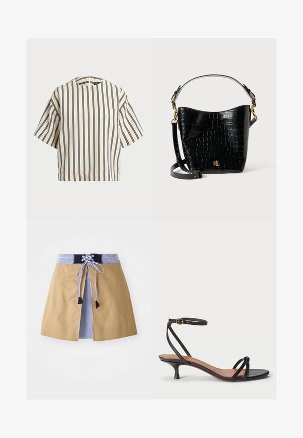 Cămașă cu mâneci scurte, cu dungi în nuanțe de crem și bleumarin, având un decolteu rotund și un design dreptunghiular dintr-un material texturat.; Fustă bej cu un brâu din dungi albastre, având un aspect cu șireturi în față și accente negre. Material neted, de lungime medie cu un design croit.; Polo Ralph Lauren LEATHER KITTEN-HEEL SANDAL - Pantofi clasici cu toc - black; Geantă din piele cu embossare croc neagră, cu o formă curbată, accente din metal aurit, curea ajustabilă și un detaliu cu logo în față.