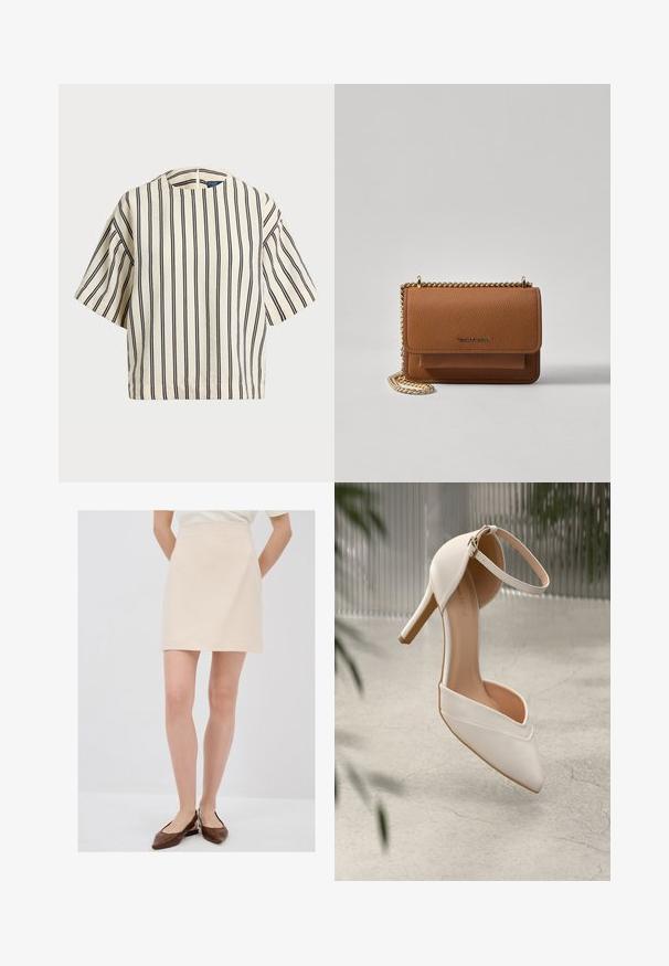 Kurzärmliges, gestreiftes Oberteil in Creme und Marineblau, mit rundem Halsausschnitt und kastiger Form aus strukturiertem Stoff.; Hellbeige Minirock mit strukturiertem Finish, schlanker Silhouette und Taillenbund, kombiniert mit braunen Slippers.; Weiße High Heels aus glattem Material mit spitzem Schuhschild und Knöchelriemen. Mit einem hellbraunen Innenleben und goldfarbener Hardware-Akzentuierung.; Braune strukturierte Ledertasche mit goldener Kettenriemen und Klappenverschluss. Die Vorderseite zeigt ein Logo-Detail und eine Tasche unter der Klappe.