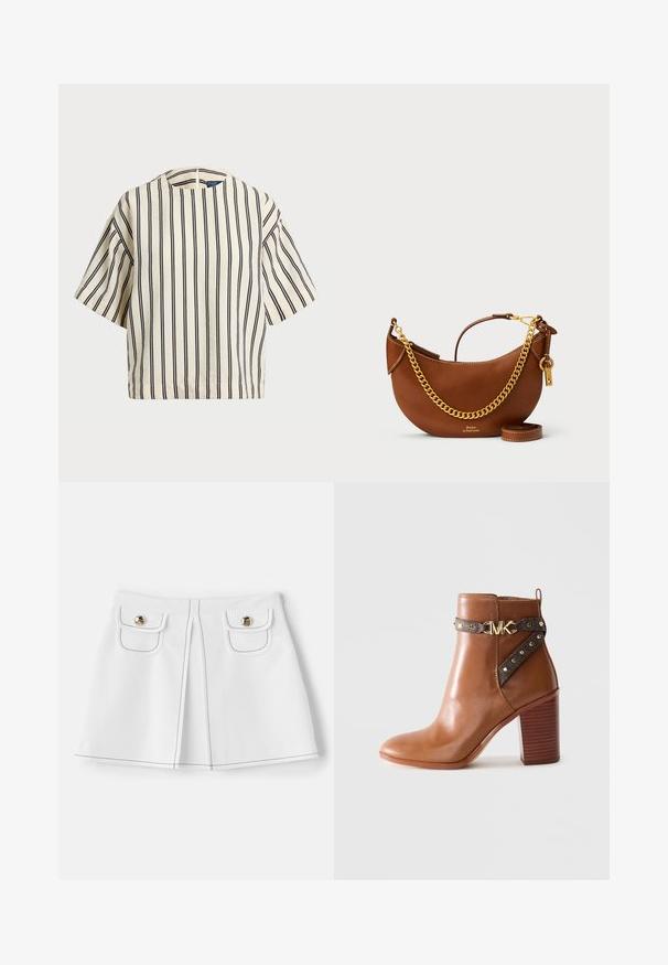 Kurzärmliges, gestreiftes Oberteil in Creme und Marineblau, mit rundem Halsausschnitt und kastiger Form aus strukturiertem Stoff.; sandro JUPE - Minirock - ecru; Braunes Leder-Stiefelette mit gestapeltem Blockabsatz, seitlichem Riemen mit goldenen Nieten und einer goldenen "MK"-Logo-Schnalle.; Braune Lederhandtasche mit geschwungenem Design, goldener Kettenriemen, Innentasche und abnehmbarem Schulterriemen. Mit kontrastierenden Nähten.
