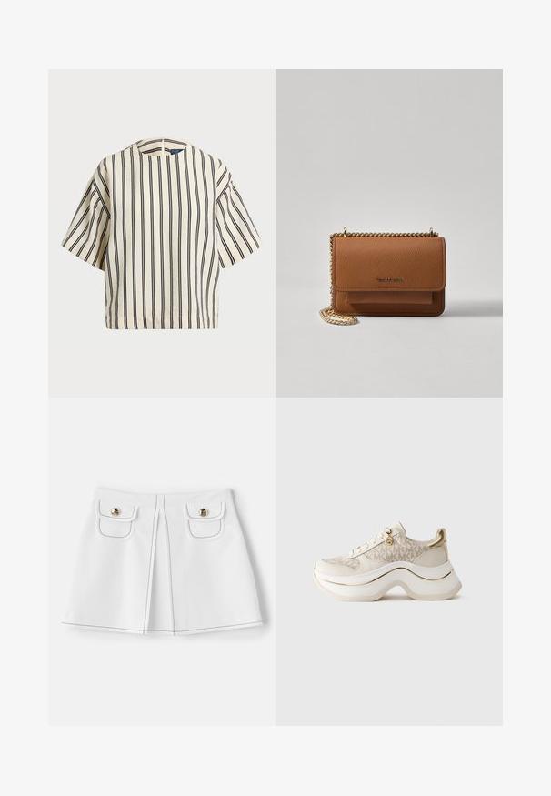 Kurzärmliges, gestreiftes Oberteil in Creme und Marineblau, mit rundem Halsausschnitt und kastiger Form aus strukturiertem Stoff.; sandro JUPE - Minirock - ecru; Beige und goldene Plattform-Sneaker mit "MK"-Muster, Schnürung, goldenem Charm und dicker, gewellter Sohle vor einfarbigem Hintergrund.; Braune strukturierte Ledertasche mit goldener Kettenriemen und Klappenverschluss. Die Vorderseite zeigt ein Logo-Detail und eine Tasche unter der Klappe.