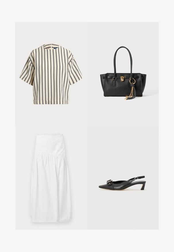 Cămașă cu mâneci scurte, cu dungi în nuanțe de crem și bleumarin, având un decolteu rotund și un design dreptunghiular dintr-un material texturat.; sandro JUPE - Fustă maxi - blanc; Pantofii negri din piele cu toc mic, vârf ascuțit și detaliu decorativ cu cataramă pe partea superioară. Textură netedă, design minimal.; Geantă de mână din piele neagră cu mânere duble, lacăt aurit și detalii cu lanț, împreună cu un accesoriu cu ciucuri alb-negru, pe fond alb.