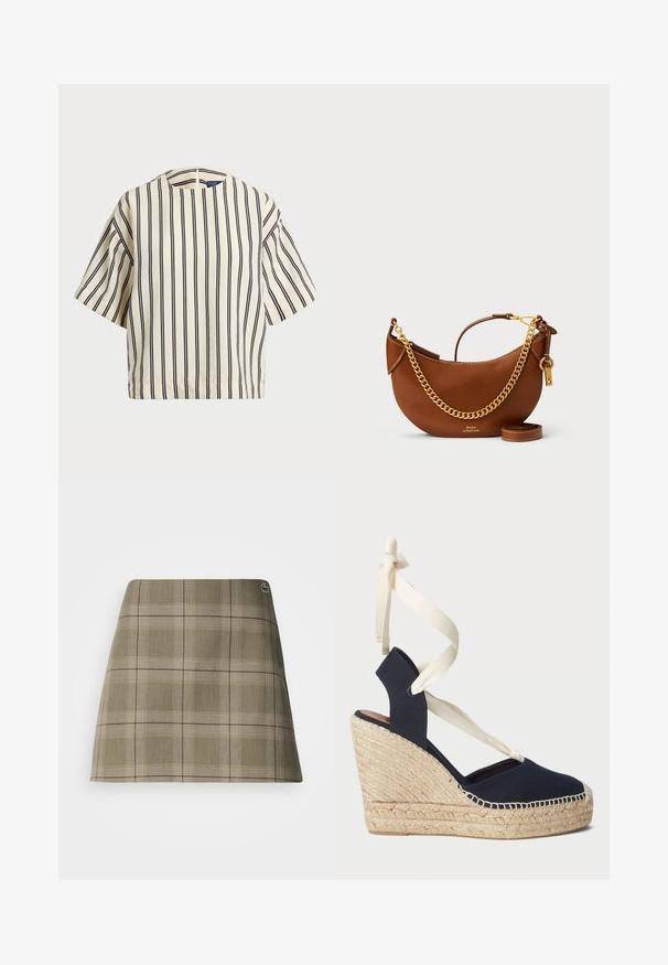 Top de manga corta a rayas en crema y azul marino, con cuello redondo y un diseño cuadrado, confeccionado en una tela texturizada.; Minifalda de cuadros en verde oliva y beige, con un diseño recto, una textura sutil y un pequeño logo en la parte cercana a la cintura.; Sandalia cuña de lona azul marino con suela de esparto y cintas de crema atadas al tobillo. Diseño de talón cerrado y puntera redonda.; Bolso de mano de piel marrón con un diseño curvado, correa de cadena dorada, bolsillo interior y una correa de hombro desmontable. Presenta costuras en contraste.