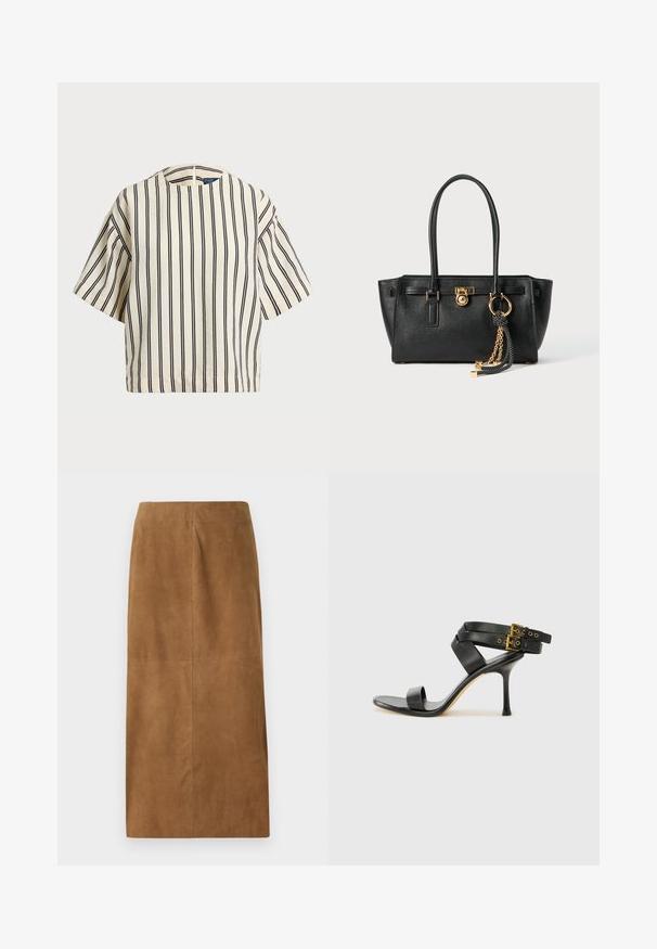 Cămașă cu mâneci scurte, cu dungi în nuanțe de crem și bleumarin, având un decolteu rotund și un design dreptunghiular dintr-un material texturat.; Fustă midi din suede maro, cu o croială dreaptă, textură fină și cusături curate. Nu are închideri vizibile sau accente suplimentare.; Sandalie negre cu toc, cu curele încrucișate și cataramă ajustabilă. Prezintă o textură netedă și un toc stiletto conic.; Geantă de mână din piele neagră cu mânere duble, lacăt aurit și detalii cu lanț, împreună cu un accesoriu cu ciucuri alb-negru, pe fond alb.