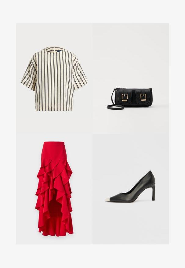 Lyhythihainen, raidallinen paita kirkas- ja tummansinisen sävyissä, jossa on pyöreä pääntie ja laatikkomainen muotoilu tekstuuritetussa kankaassa.; Punainen röyhelöhamonen, jossa on korkea-matalahiha. Sisältää kerroksellisia röyhelöitä vyötärön ja sivujen kohdalla, valmistettu sileästä kankaasta. Joustava vyötärö.; Musta nahkainen korkokenkä, jossa on kärkiosa ja metallinen hopeanvärinen kärki. Kenkä on sileäpintainen ja siinä on kapea 10 cm korko.; Musta nahkainen olkalaukku, jossa on kaksi etutaskua, kultaiset soljet, vetoketjukiinnitys ja kapea hihna. Teksturoidun pinnan ja kompaktin suorakaiteen muoto.
