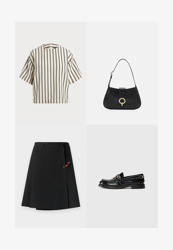 Lyhythihainen, raidallinen paita kirkas- ja tummansinisen sävyissä, jossa on pyöreä pääntie ja laatikkomainen muotoilu tekstuuritetussa kankaassa.; Mustapuku, jossa on levenevä muotoilu, ja edessä olevat kaksi nappia sekä kultainen yksityiskohta punaisella sydänkoristeella sivulla. Sujuva kangastuntuma.; Musta nahkainen loaferit kiiltävällä pinnalla, jossa on kaksi kultaa solkea ja matala korko. Tasainen pinta, pyöreä kärki.; Musta nahkalaukku, jossa on kaareva siluetti, lyhyt olkahihna, keskeinen kultainen koriste ja sileä pinta. Ei näkyviä kuvioita tai yksityiskohtia.