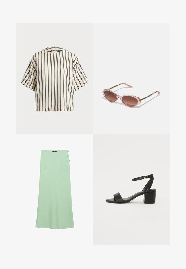 T-shirt à manches courtes, rayé crème et marine, présentant un col rond et un design boxy avec un tissu texturé.; Jupe maxi vert clair en tissu lisse. Présente une coupe droite et trois boutons décoratifs sur le côté gauche.; Sandale à talons noirs avec un dessus en cuir lisse, une ouverture à l'avant, de larges brides avant et une bride de cheville ajustable avec une boucle dorée.; Lunettes de soleil roses rondes avec des verres marron. Monture transparente et branches texturées accentuées de doré. Convient pour une tenue décontractée.