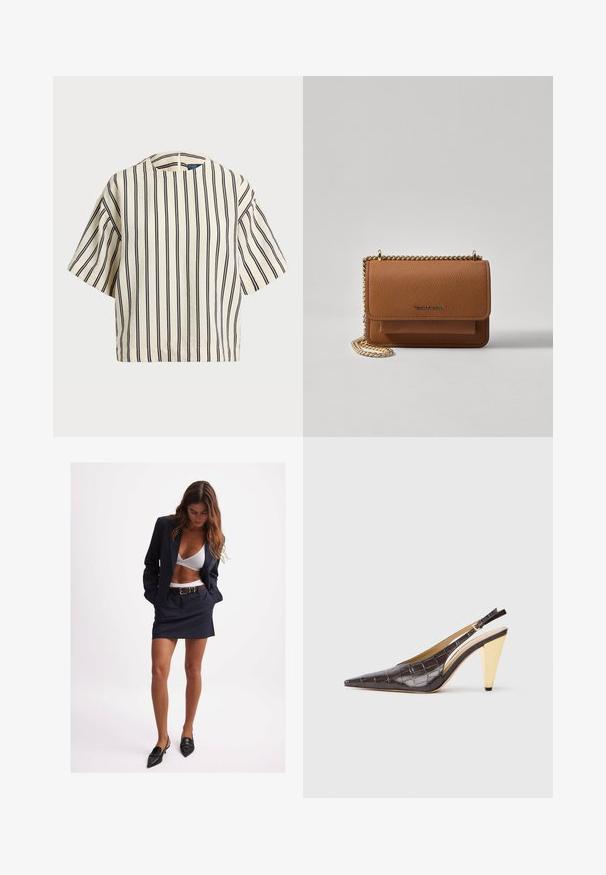 Korte mouwen, gestreepte top in crème en marineblauw, met een ronde halslijn en een boxy ontwerp van een textuurstof.; Marineblauwe blazer- en rokset, tailormade pasvorm, met een bijpassende riem. Witte beha eronder. Zwarte puntige ballerina's maken de look compleet. Soepele stoftextuur.; Puntige slingback hak in donkerbruin glanzend faux krokodillenleer. Kenmerkt zich door een goudkleurige geometrische hak en een verstelbare enkelband.; Bruine lederen schoudertas met textuur, voorzien van een gouden kettingstrap en klepsluiting. De voorkant heeft een logo-detail en een zak onder de klep.