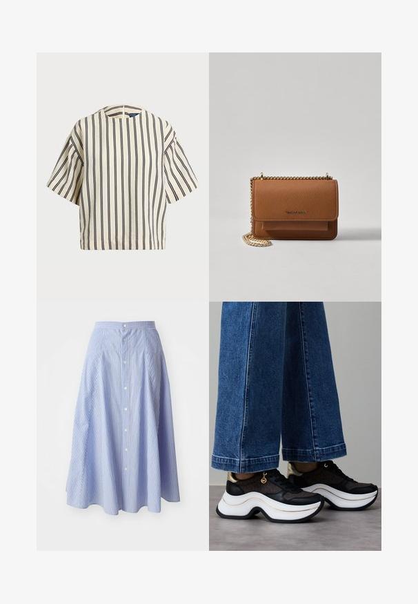 Krátký rukáv, pruhované tričko ve krémové a námořnické barvě, s kulatým výstřihem a širokým střihem z texturovaného materiálu.; Pruhovaná košilová sukně ve světle modré a bílé barvě. Tkanina se zdá být lehká s hladkou texturou; jen do kolen s rozšířeným střihem.; Černo-zlaté tenisky s prohnutou bílou podrážkou. Texturovaná tkanina s logovými akcenty. Kombinované s širokými modrými džínovými kalhotami.; Hnědá texturovaná kožená kabelka přes rameno se zlatým řetízkovým popruhem a klopnovým uzavíráním. Přední strana obsahuje detail loga a kapsu pod klopou.