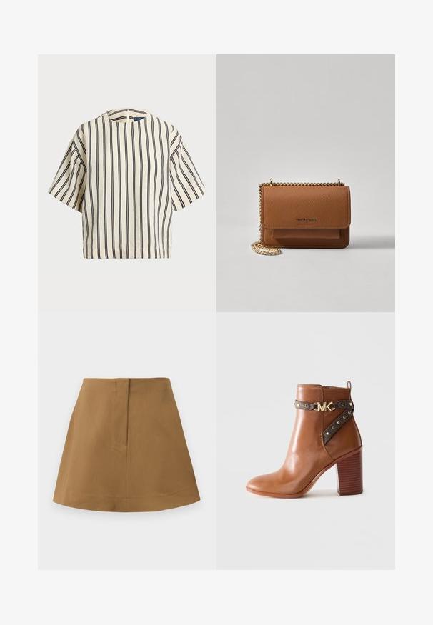 Kurzärmliges, gestreiftes Oberteil in Creme und Marineblau, mit rundem Halsausschnitt und kastiger Form aus strukturiertem Stoff.; Brauner Rock mit ausgestellter Silhouette, aus einem glatten Stoff gefertigt. Besitzt einen einfachen Taillenbund und eine Rückennaht.; Braunes Leder-Stiefelette mit gestapeltem Blockabsatz, seitlichem Riemen mit goldenen Nieten und einer goldenen "MK"-Logo-Schnalle.; Braune strukturierte Ledertasche mit goldener Kettenriemen und Klappenverschluss. Die Vorderseite zeigt ein Logo-Detail und eine Tasche unter der Klappe.