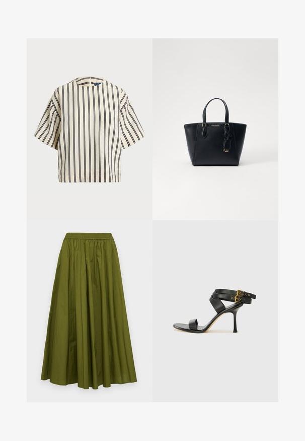 Short-sleeve, striped top in cream and navy, featuring a round neckline and boxy design with a textured fabric.; MICHAEL Michael Kors PULL ON - A-line skirt - evergreen; Black heeled sandal with crossed straps and adjustable buckle. Features a smooth texture and tapered stiletto heel.; Black leather handbag with a structured shape, short dual handles, gold-tone hardware, and a side tag accessory. Smooth, textured finish.