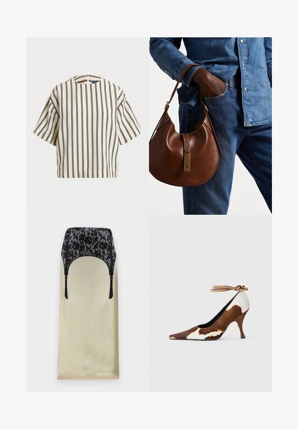 Cămașă cu mâneci scurte, cu dungi în nuanțe de crem și bleumarin, având un decolteu rotund și un design dreptunghiular dintr-un material texturat.; Body din dantelă cu un top din dantelă florală neagră și un fund din satin bej, având bretele ajustabile negre și accente cu ciucuri. Siluetă clasică.; Pantofii cu toc înalt, cu imprimeu de vacă maro și alb, au vârful ascuțit, o suprafață texturată și o curea pentru gleznă cu o cataramă de culoare maro deschis.; Geantă hobo din piele maro, cu o formă rotunjită, având un accent din hardware aurie și cusături în contrast. Asortată cu o cămașă din denim și blugi.