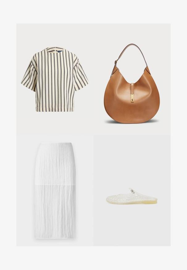T-shirt à manches courtes, rayé crème et marine, présentant un col rond et un design boxy avec un tissu texturé.; Jupe blanche jusqu'aux genoux en tissu texturé avec des plis verticaux, dotée d'une taille lisse et d'une silhouette droite.; Chaussure en plastique transparent à enfiler avec un motif en grille, bout rond et un petit accent argenté sur la sangle. Semelle flexible de couleur translucide.; Sac à main en cuir tan avec une forme courbée et une large bandoulière. Présente un accent en métal doré au centre et une texture lisse.