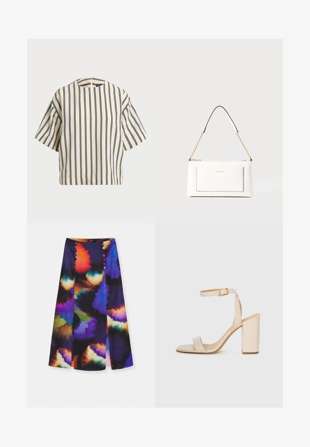 T-shirt à manches courtes, rayé crème et marine, présentant un col rond et un design boxy avec un tissu texturé.; PS Paul Smith WOMENS SKIRT - Jupe crayon - multicolored; Sandale à talon haut beige avec un bout carré, une fine bride de cheville et un talon carré. Texture en cuir lisse avec un détail de boucle dorée.; Sac à main en cuir blanc avec un fini texturé, doté d'une bandoulière en chaîne dorée et d'accents noirs. Comprend une poche avant et une fermeture éclair.