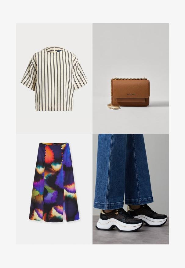 T-skjorte med korte ermer, stripet i kremfarge og marineblå, med rund hals og en boxy design i en strukturert stoff.; PS Paul Smith WOMENS SKIRT - Blyantskjørt - multicolored; Svarte og gullfargede sneakers med buet hvit såle. Strukturert stoff med logodetaljer. Kombinert med vide blå denimbukser.; Brun teksturert lær crossover-veske med gullkjede-stropp og klaffelukking. Fronten har logo-detalj og en lomme under klaffen.