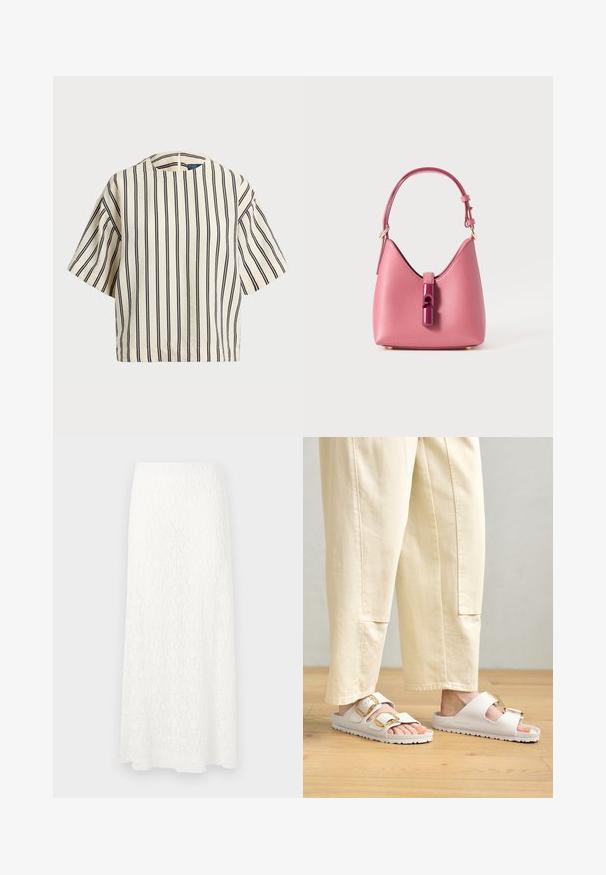Top de manga corta a rayas en crema y azul marino, con cuello redondo y un diseño cuadrado, confeccionado en una tela texturizada.; Falda maxi blanca de encaje con un patrón texturizado, cinturilla elástica y forma fluida. La tela parece ligera y aireada.; Sandalias blancas de dos correas hechas de material suave, con hebillas doradas y una suela texturizada. Se llevan con pantalones holgados de color crema.; Bolso de cuero rosa con una forma estructurada, que presenta un cierre de acento brillante y una sola correa ajustable. Acabado texturizado con herrajes dorados.