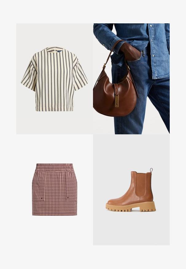 Korte mouwen, gestreepte top in crème en marineblauw, met een ronde halslijn en een boxy ontwerp van een textuurstof.; Gingham-gebloemde rok in tinten bordeaux en beige, met een elastische tailleband en zijzakken voor functionaliteit.; Bruine leren enkellaars met elastische zijkanten, ronde neus en zware tan platformzool met opvallend profiel.; Bruine leren hobo tas met een rondvorm, voorzien van een gouden hardwareaccent en contrasterende stiksels. Gecombineerd met een denim shirt en jeans.