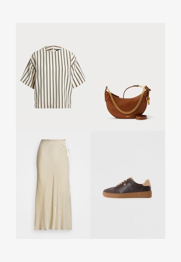 Κοντομάνικο, ριγέ τοπ σε κρέμα και ναυτικό, με στρογγυλή λαιμόκοψη και τετράγωνη γραμμή, φτιαγμένο από υφασμάτινη υφή.; Polo Ralph Lauren BIAS-CUT VELVET MERMAID SKIRT - Pencil φούστα - cream; Σαπούνι από σκούρο καφέ δέρμα και σουέτ με καφέ κορδόνια και σόλα, χρυσό λογότυπο και "Michael Kors" τυπωμένο στη σόλα.; Καφέ δερμάτινη τσάντα χειρός με καμπυλωτό σχέδιο, χρυσή αλυσίδα ώμου, εσωτερική τσέπη και αποσπώμενη ζώνη ώμου. Διαθέτει αντίθετα ραψίματα.